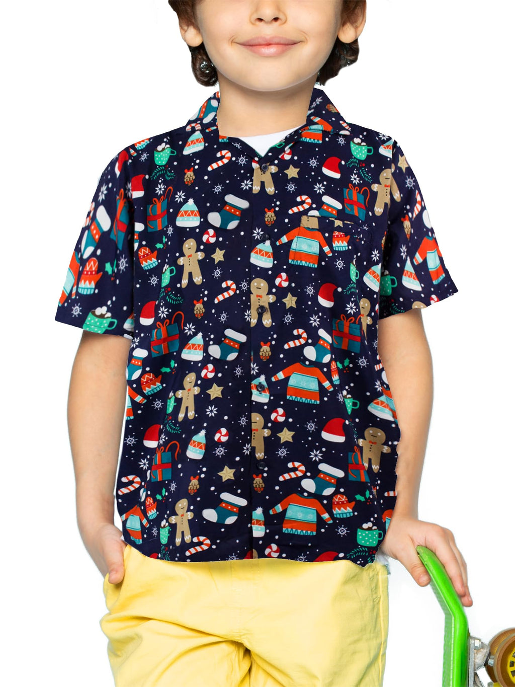 Funky Hawaiian Shirt Kids Boys Christmas X-Mas Shortsleeve Christmas Gingerbread Blue 12