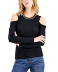 INC International Concepts Petite Chain-Embellished Cold-Shoulder Top