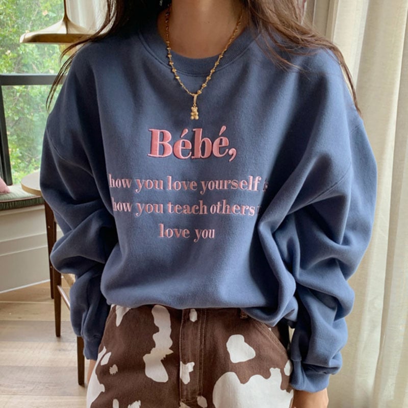 Casual Long-Sleeved Sweater with Letter Embroidery